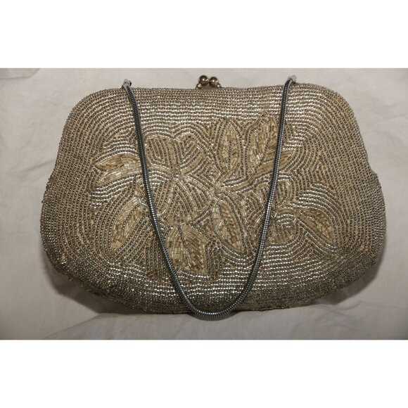 Vtg 1960's Silver Beaded Evening Bag Floral Pattern Handmade Serpentine Handle - Picture 1 of 9